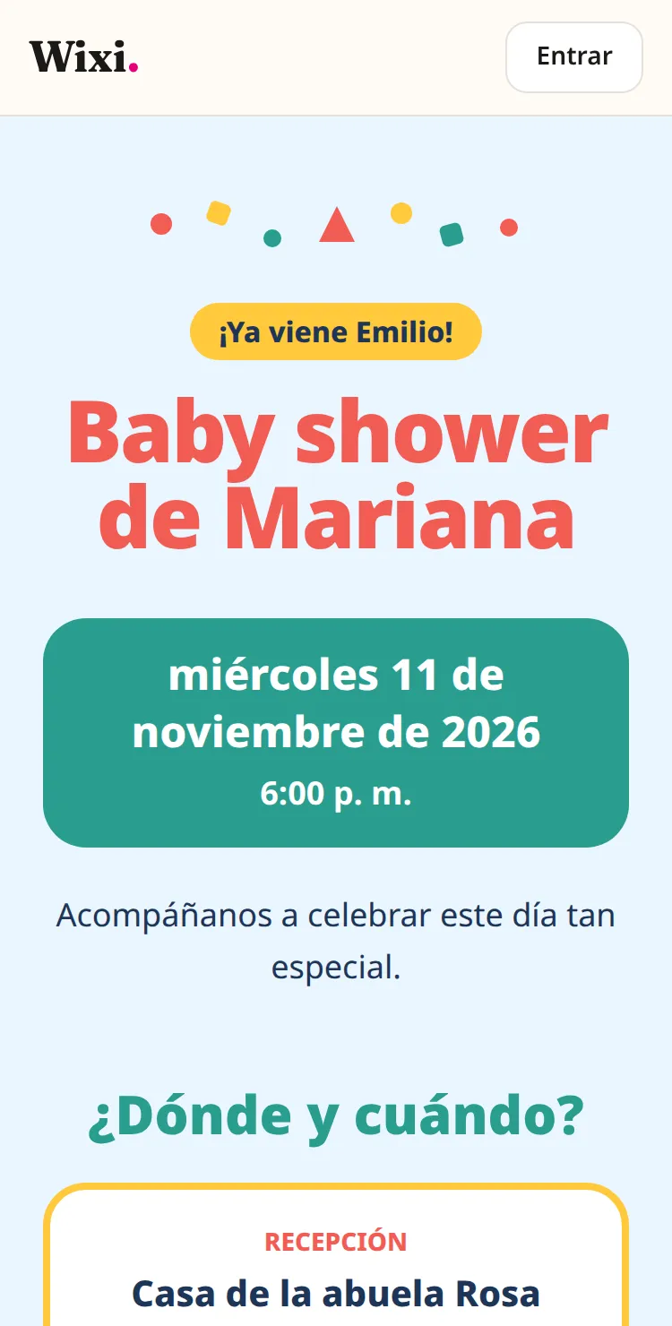 Invitación digital de baby shower abierta en un celular, con el nombre de la mamá, la fecha y el lugar.