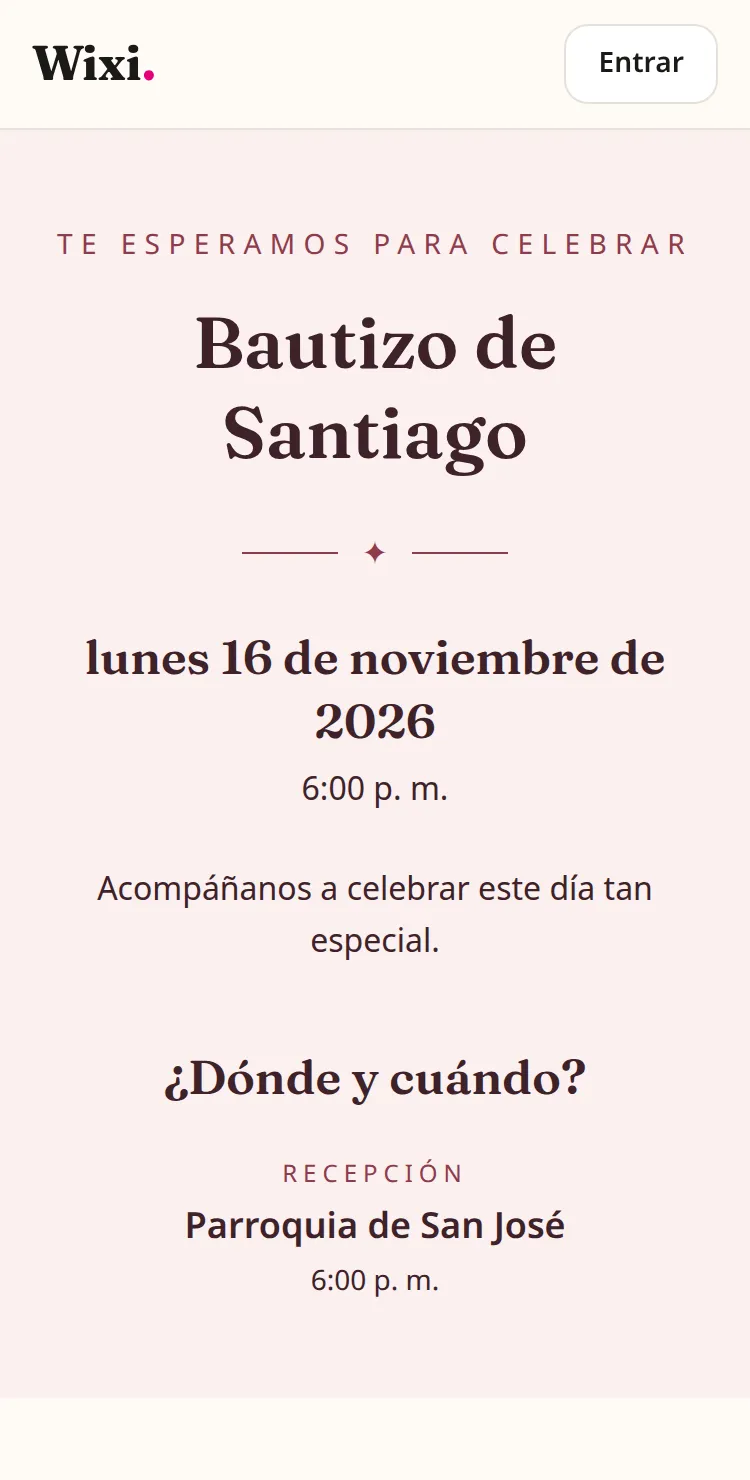 Invitación digital de bautizo abierta en un celular, con la fecha y el lugar.