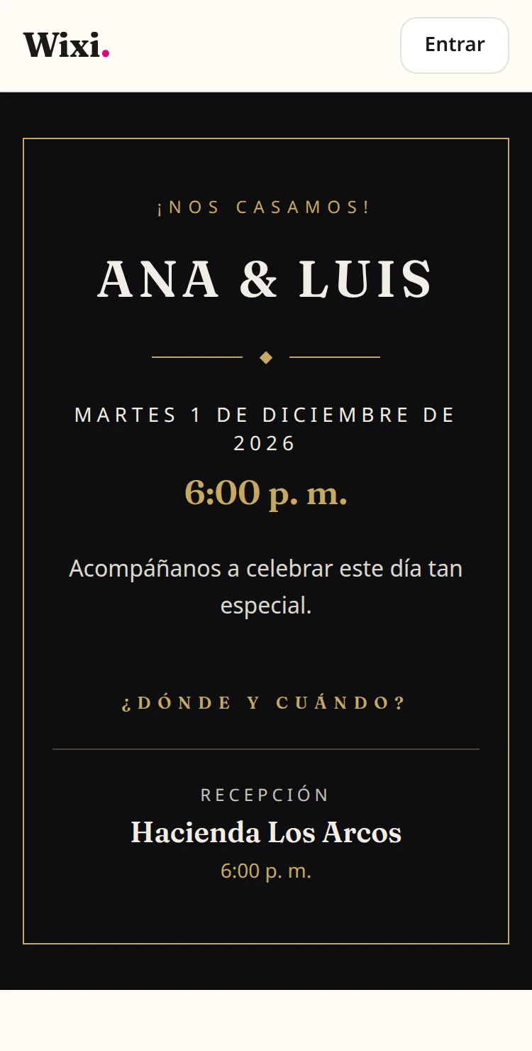 Invitación digital de boda abierta en un celular, con fecha, hora y lugar de la recepción.