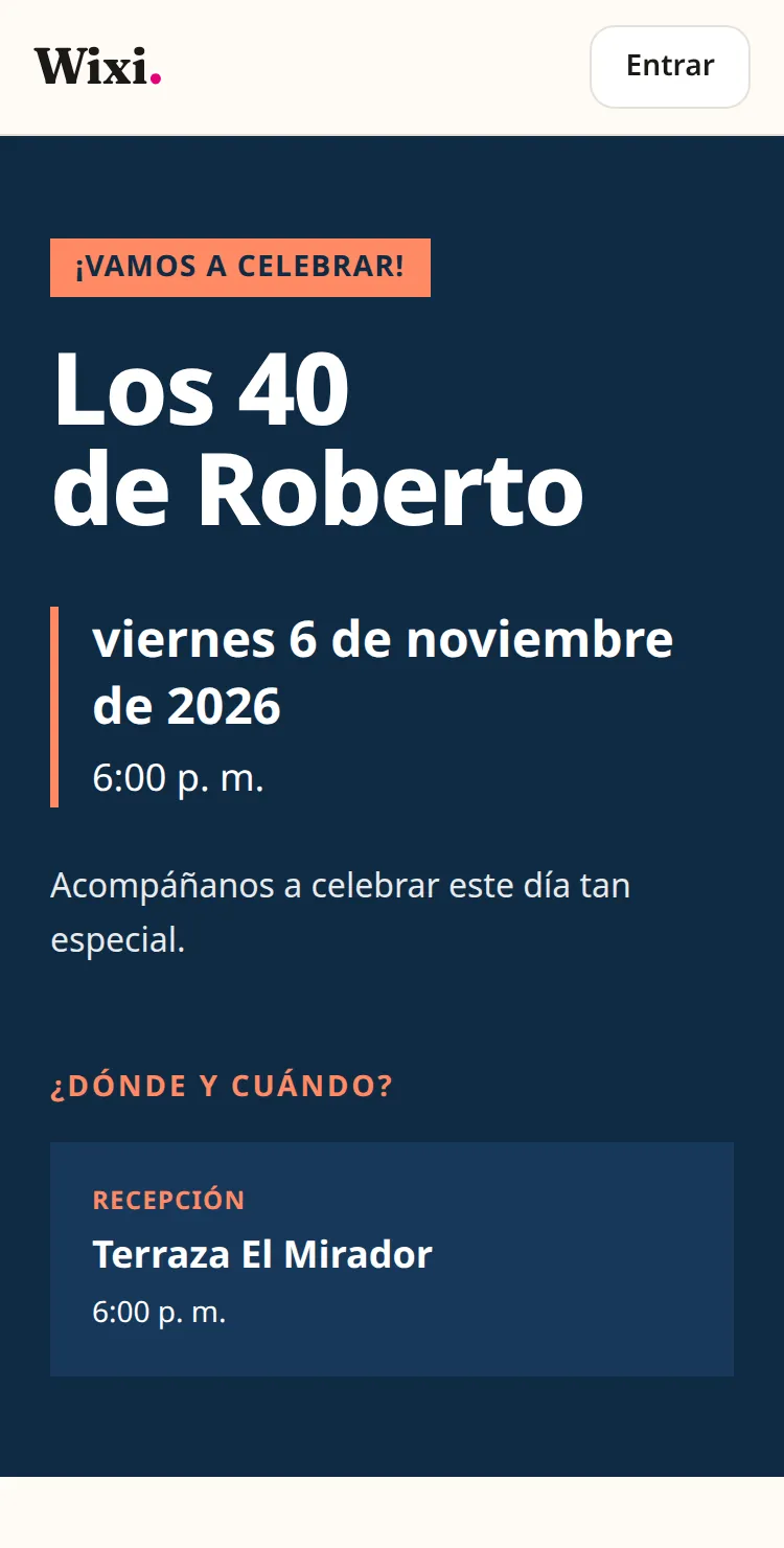 Invitación digital de cumpleaños abierta en un celular, con el nombre del festejado, la fecha y el lugar.