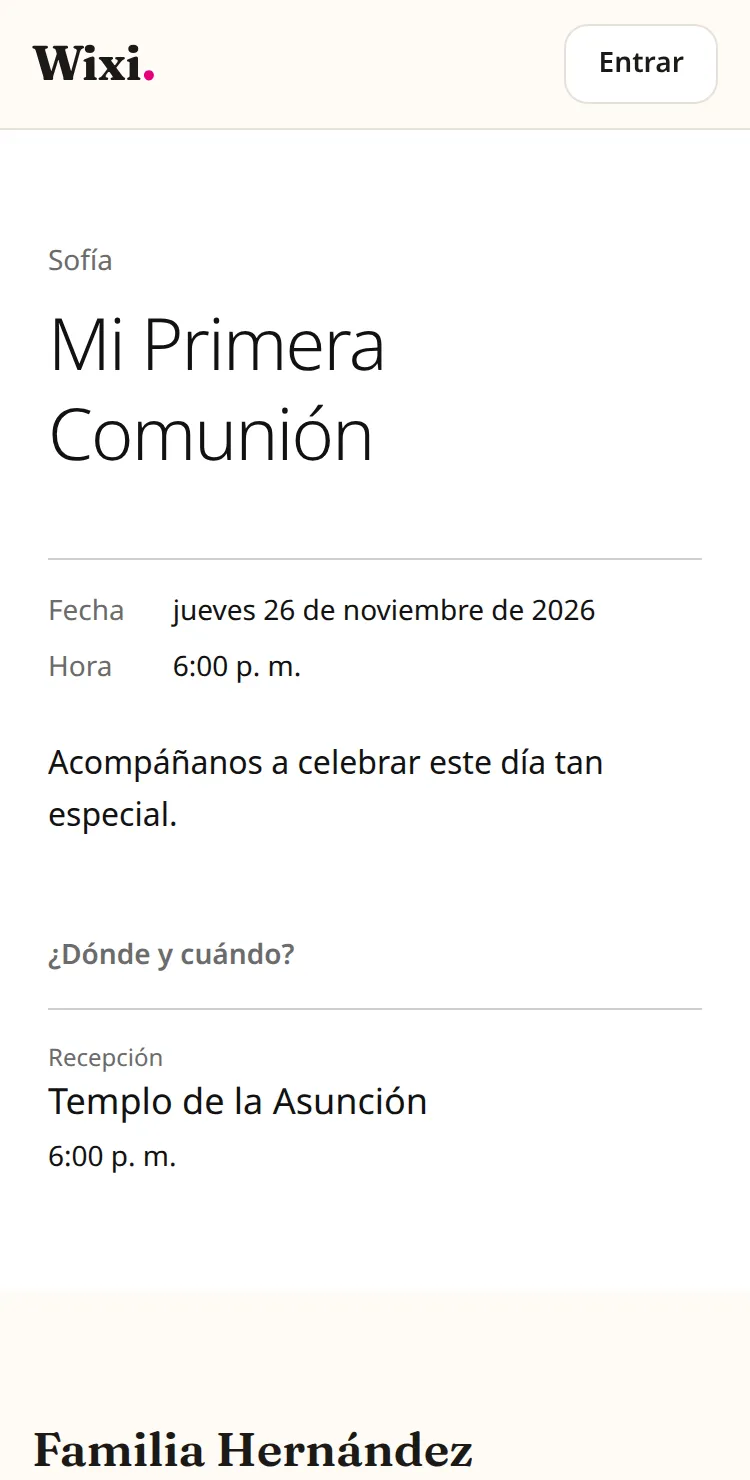 Invitación digital de primera comunión abierta en un celular, con el nombre, la fecha y el templo.