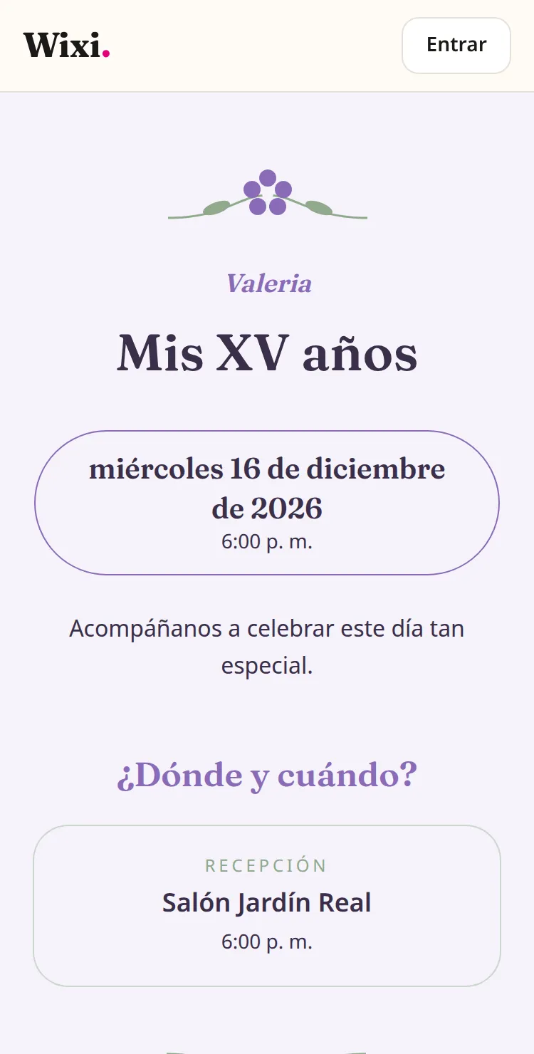 Invitación digital de XV años abierta en un celular, con el nombre de la quinceañera, la fecha y el salón.